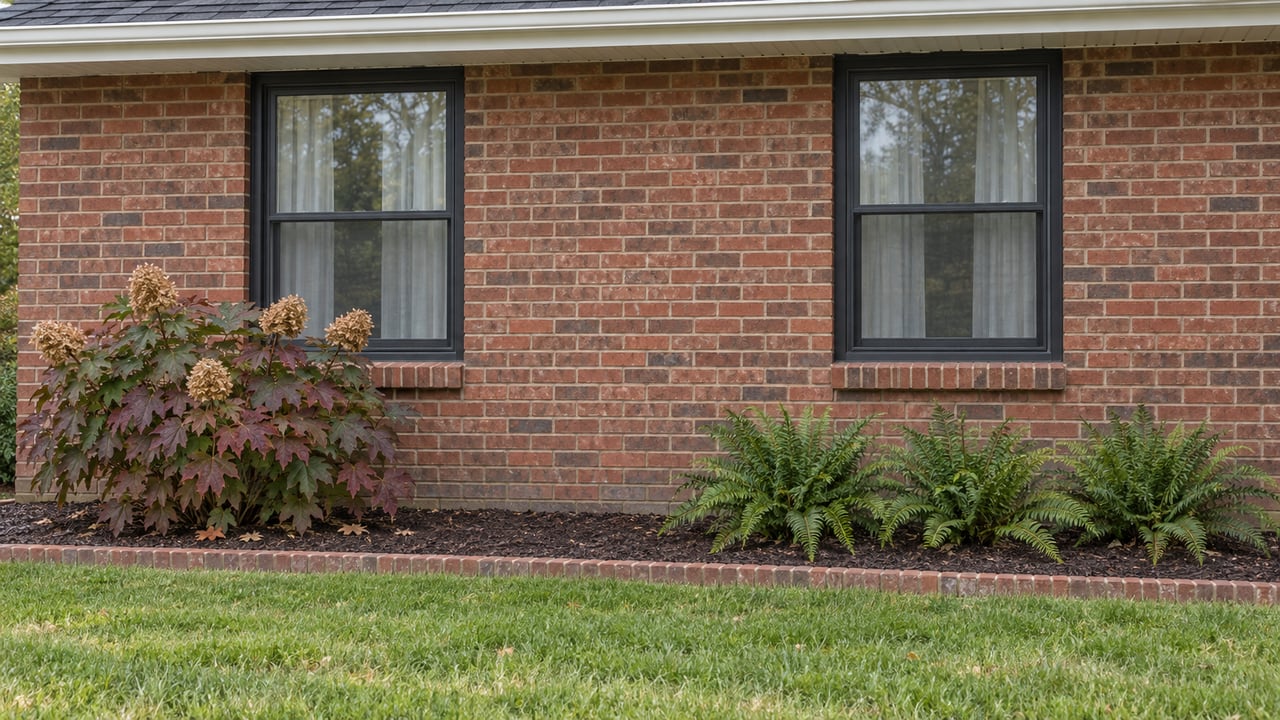 Weathered red-brown brick home with two black-framed windows, oakleaf hydrangea, evergreen ferns, and a neatly edged lawn.