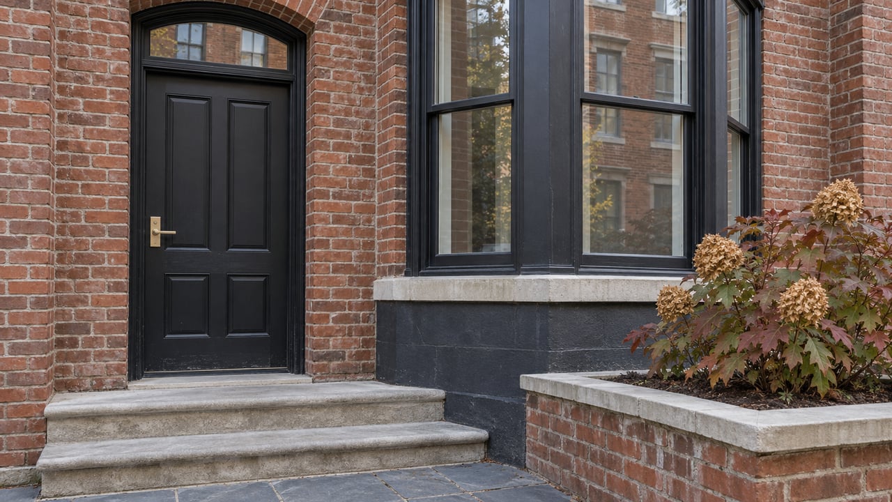 Brick townhouse entry with a black wood door, arched glass transom, limestone steps and an autumn oakleaf hydrangea beside a bay window.