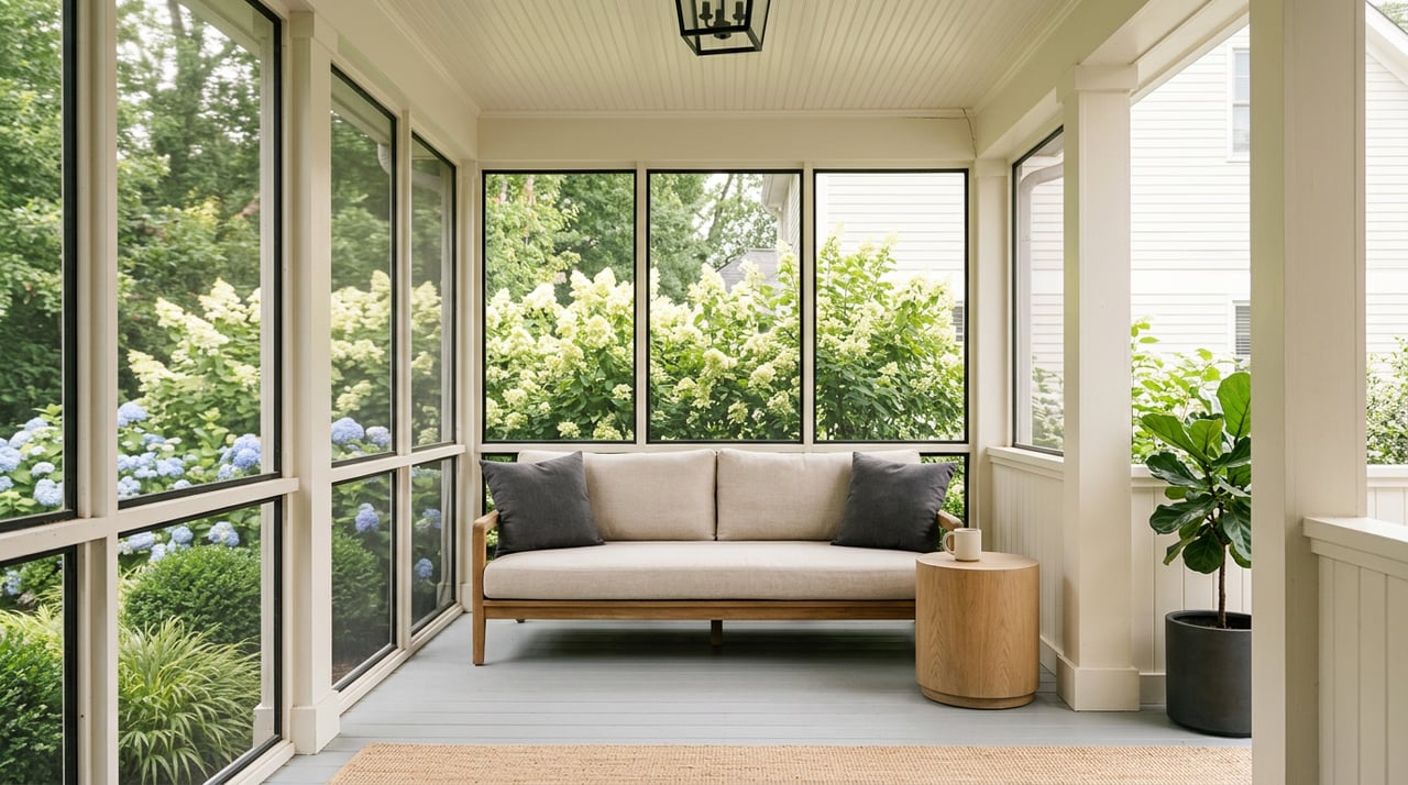 Screened porch with teak sofa, oatmeal cushions, hydrangeas, and a cream mug on a round side table.