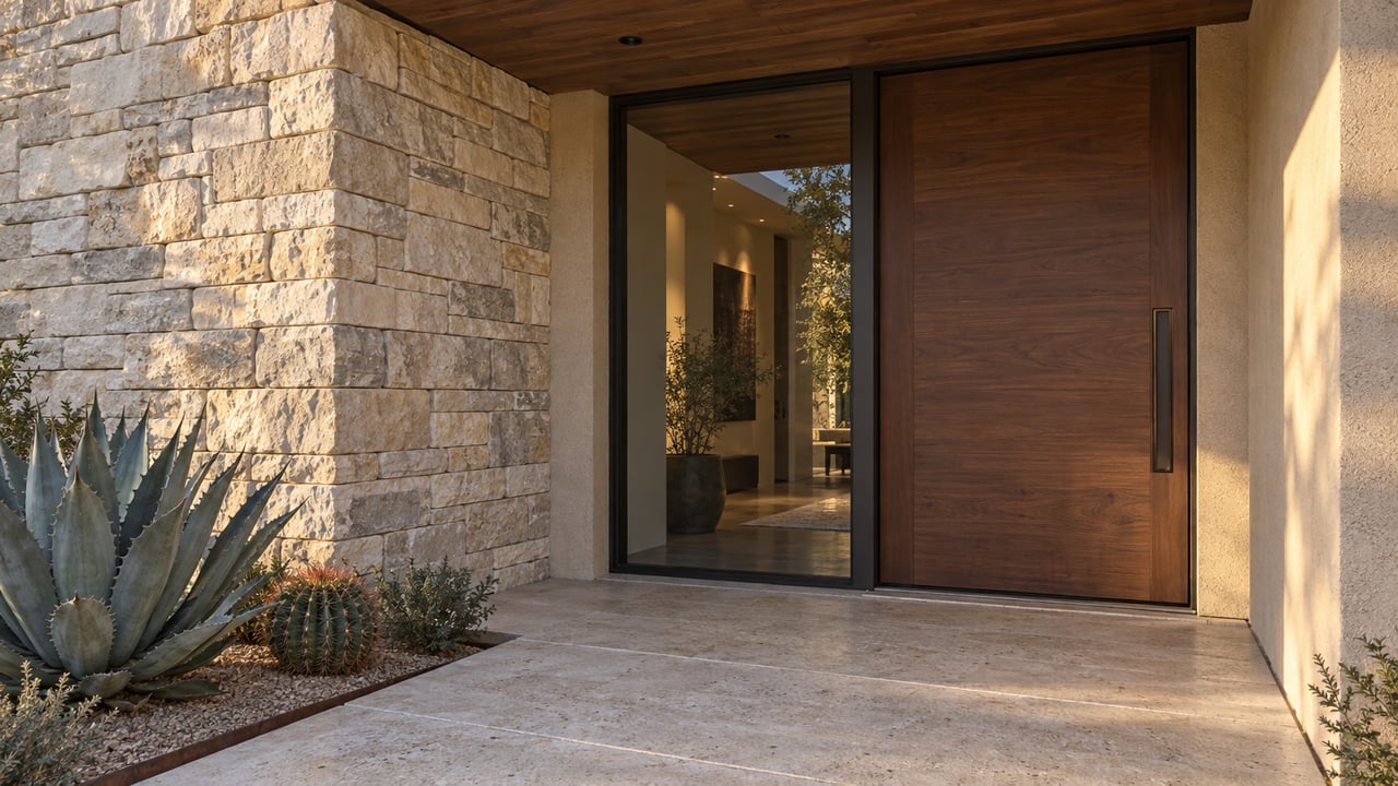 Walnut entry door and bronze-framed glass set into limestone, beside an agave and cactus.