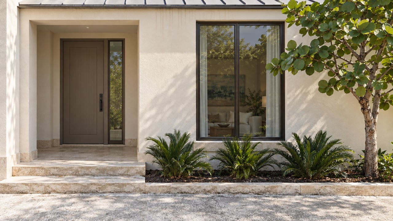 Ivory stucco townhouse with a recessed timber entrance, bronze-framed window, and tropical planting.