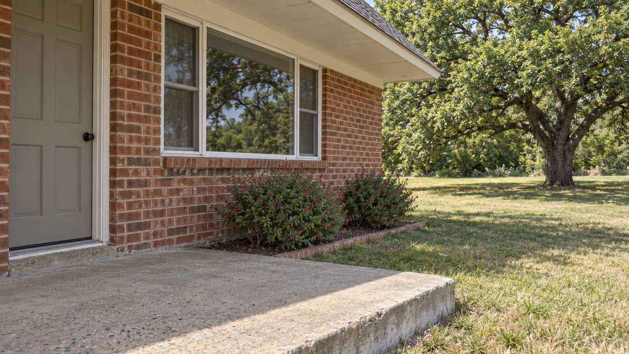 Covered entry of a modest red-brick ranch with a worn concrete step, a broad window and an open lawn beneath a mature bur oak.