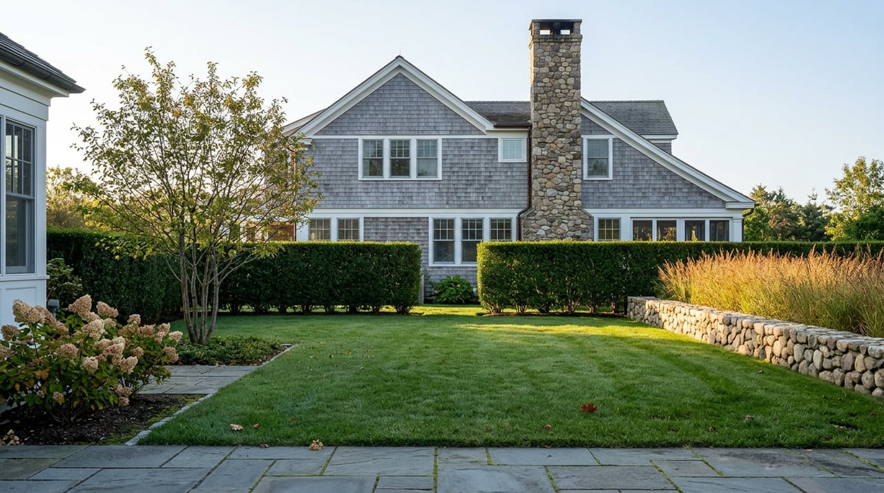 Raised view across a dew-covered lawn and clipped hedge with two gaps toward a gray-shingled house.
