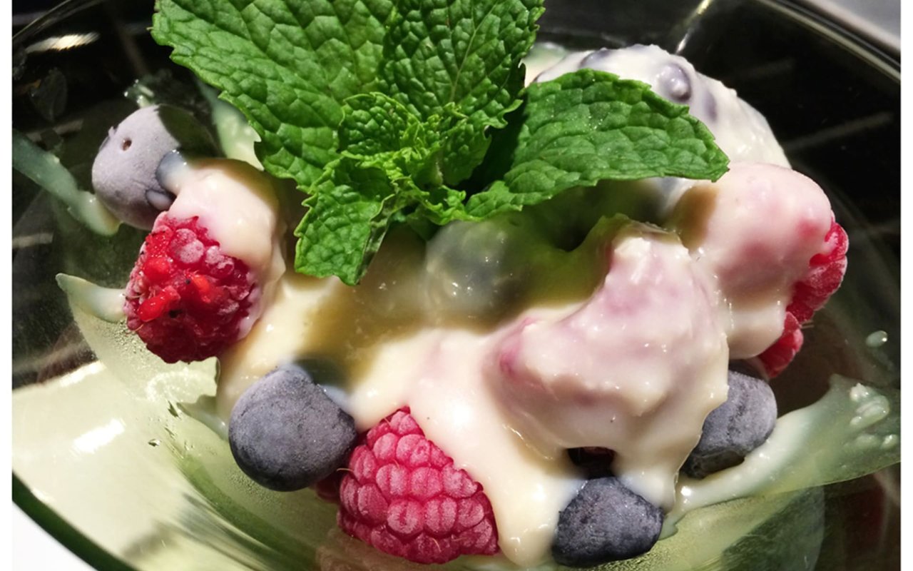 Iced Berries-Hot White Coconut Chocolate Sauce