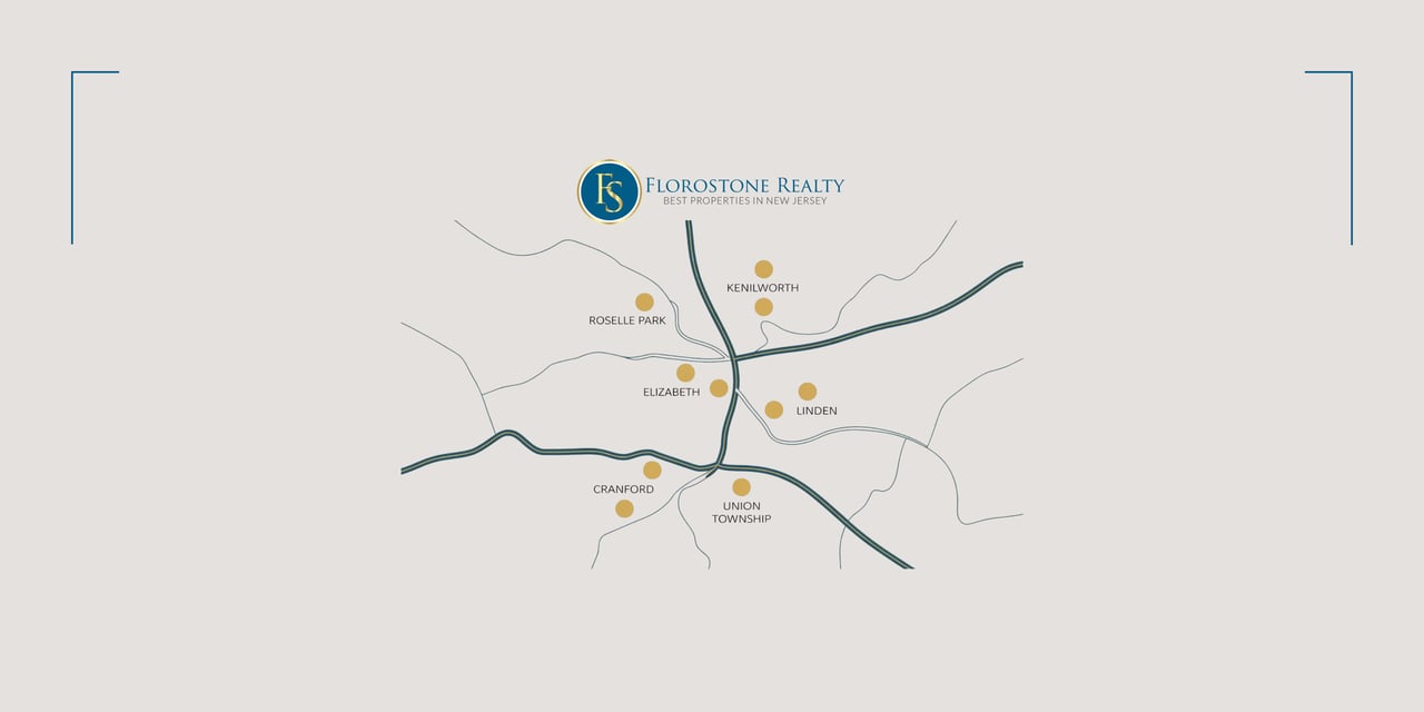 Branded map showing New Jersey towns served by Florostone Realty, including Roselle Park, Kenilworth, Elizabeth, Cranford, Linden, and Union Township