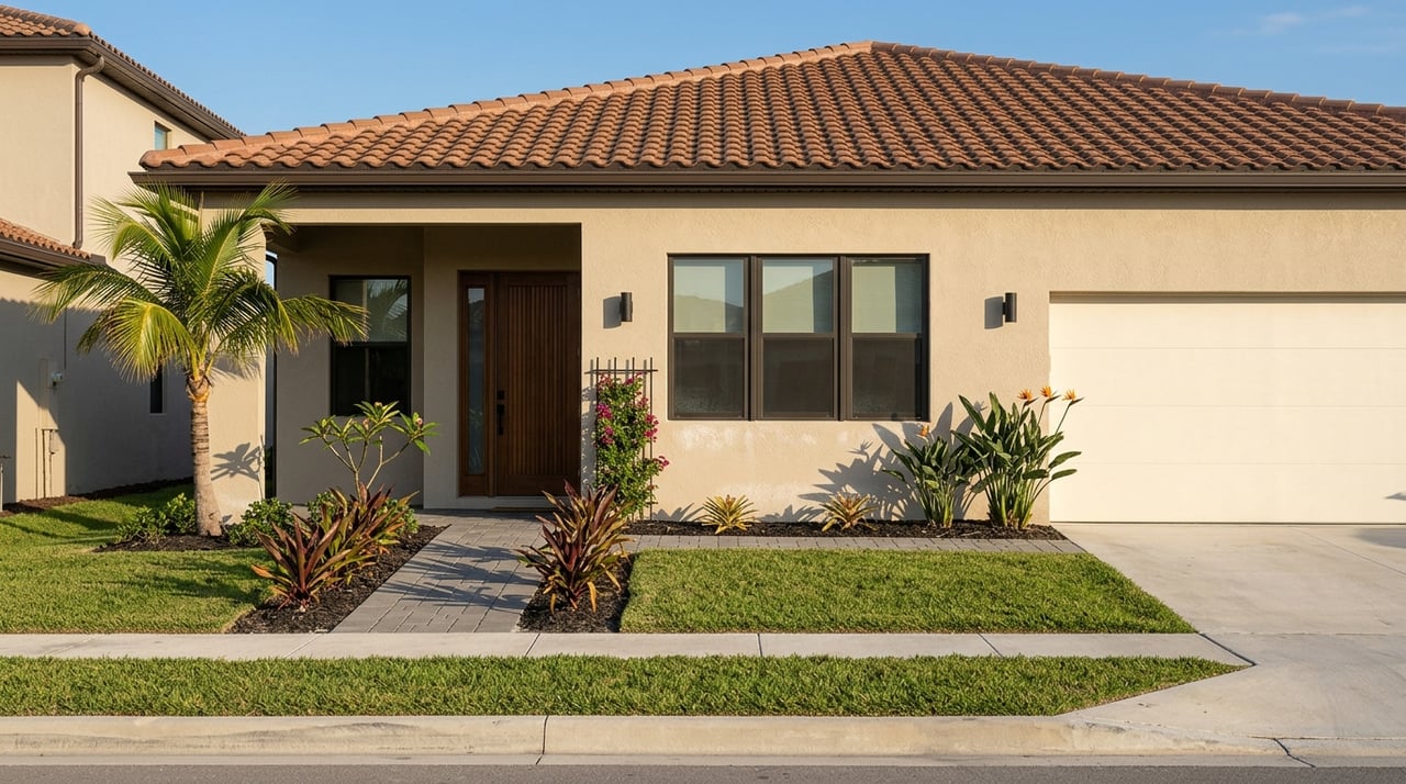 Contemporary stucco-and-tile home on a suburban street