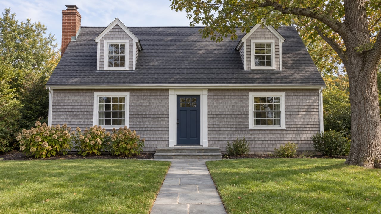 Weathered cedar-shingle home with white divided-light windows, a navy front door, bluestone walkway, deep lawn, and mature oak.