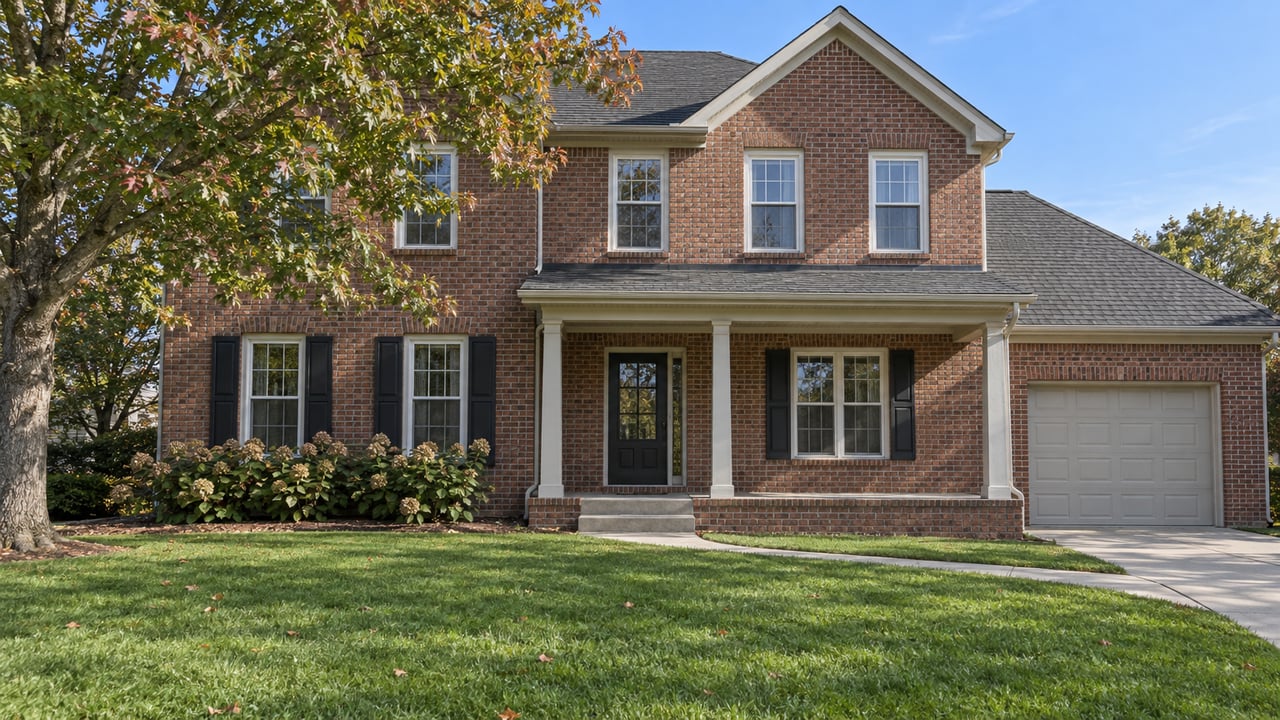 Two-story brick house with black shutters, a covered porch, and an attached garage.