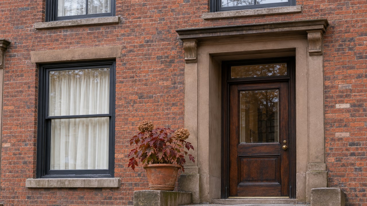 Rain-darkened sandstone stoop and oak entry door on an aged red-brick rowhouse, beside a sash window and an autumn oakleaf hydrangea.
