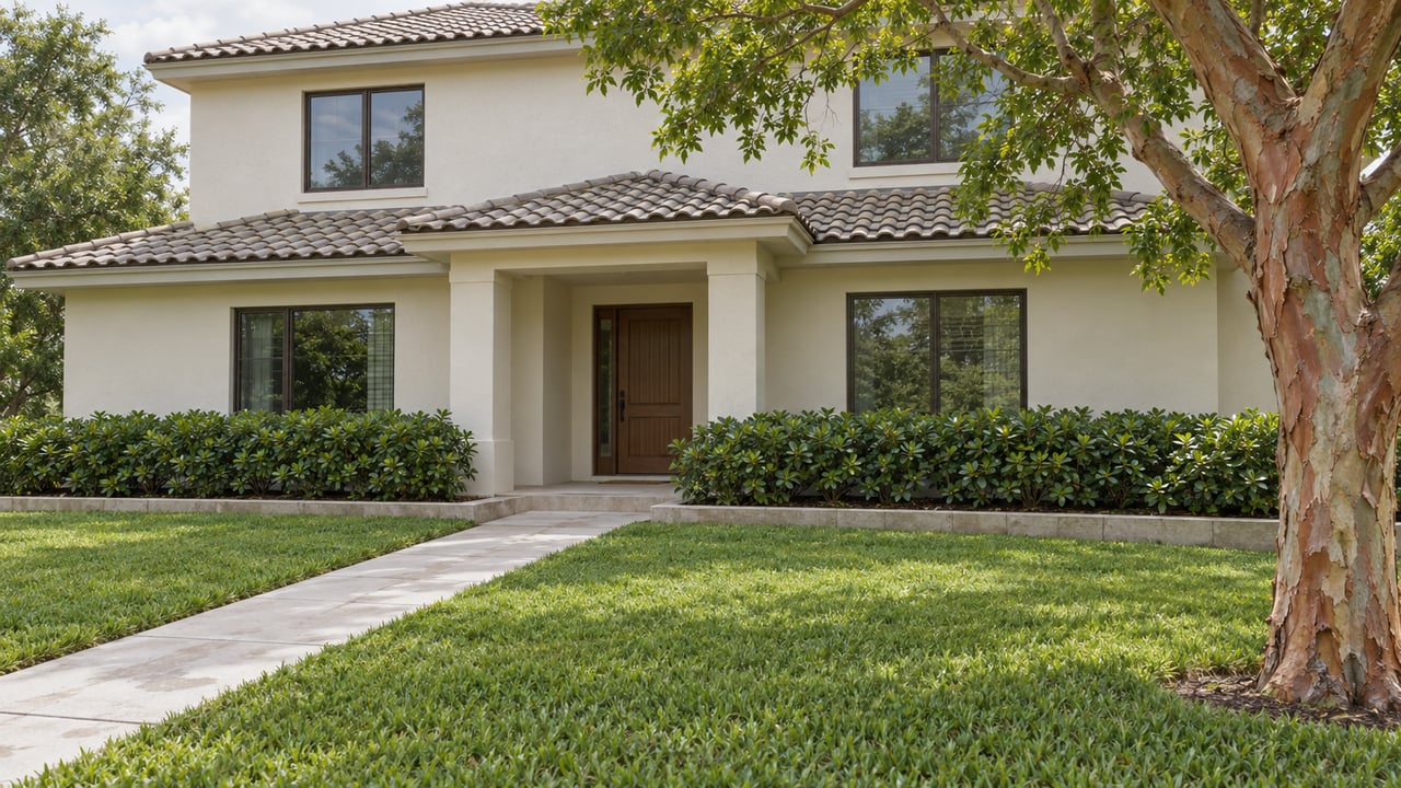 Ivory stucco home with a recessed wood-door entry, diagonal concrete walk, deep lawn, and a copper-trunked tree.