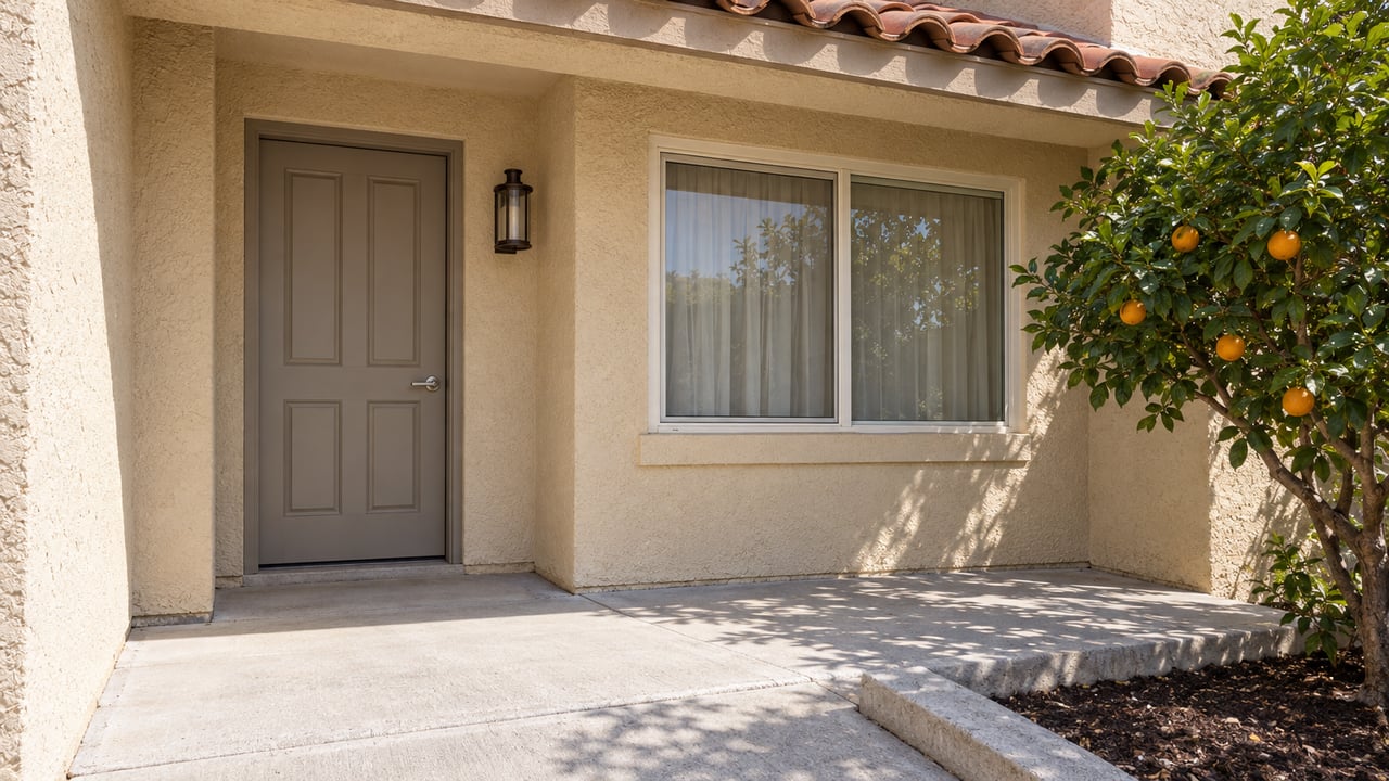 Close view of a stucco home's recessed gray front door, cream-framed window and terracotta porch roof beside a mandarin tree.