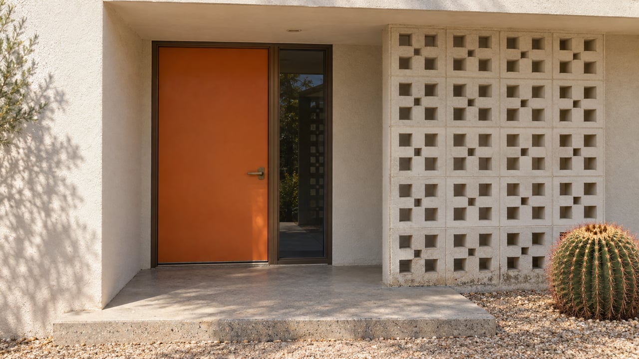 Recessed stucco entry with an orange door, perforated concrete screen, and barrel cactus beside the landing.