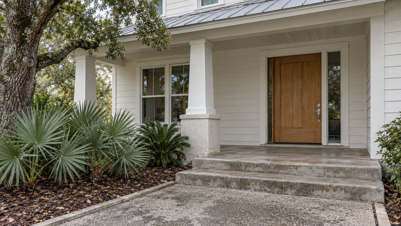 Covered entry with white lap siding, an oak door, shell-aggregate walkway and silver-green palmettos after rain.