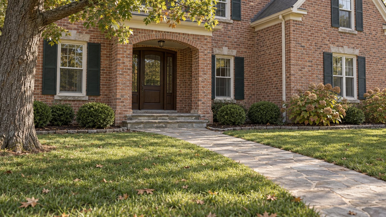 An established red brick home with an arched oak entry, stone approach, broad front lawn, and mature oak and hydrangea planting.