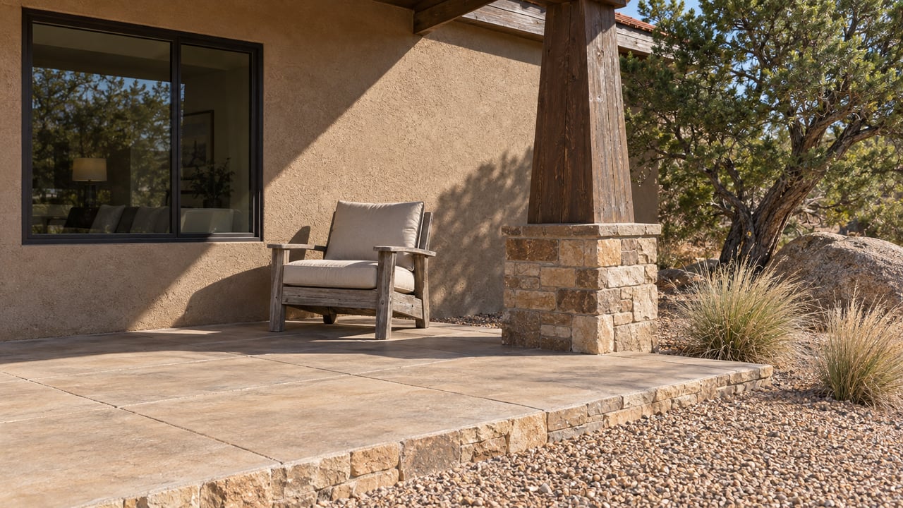 Covered patio with weathered timber, sandstone, a lounge chair, and a pinyon pine beside a gravel garden.