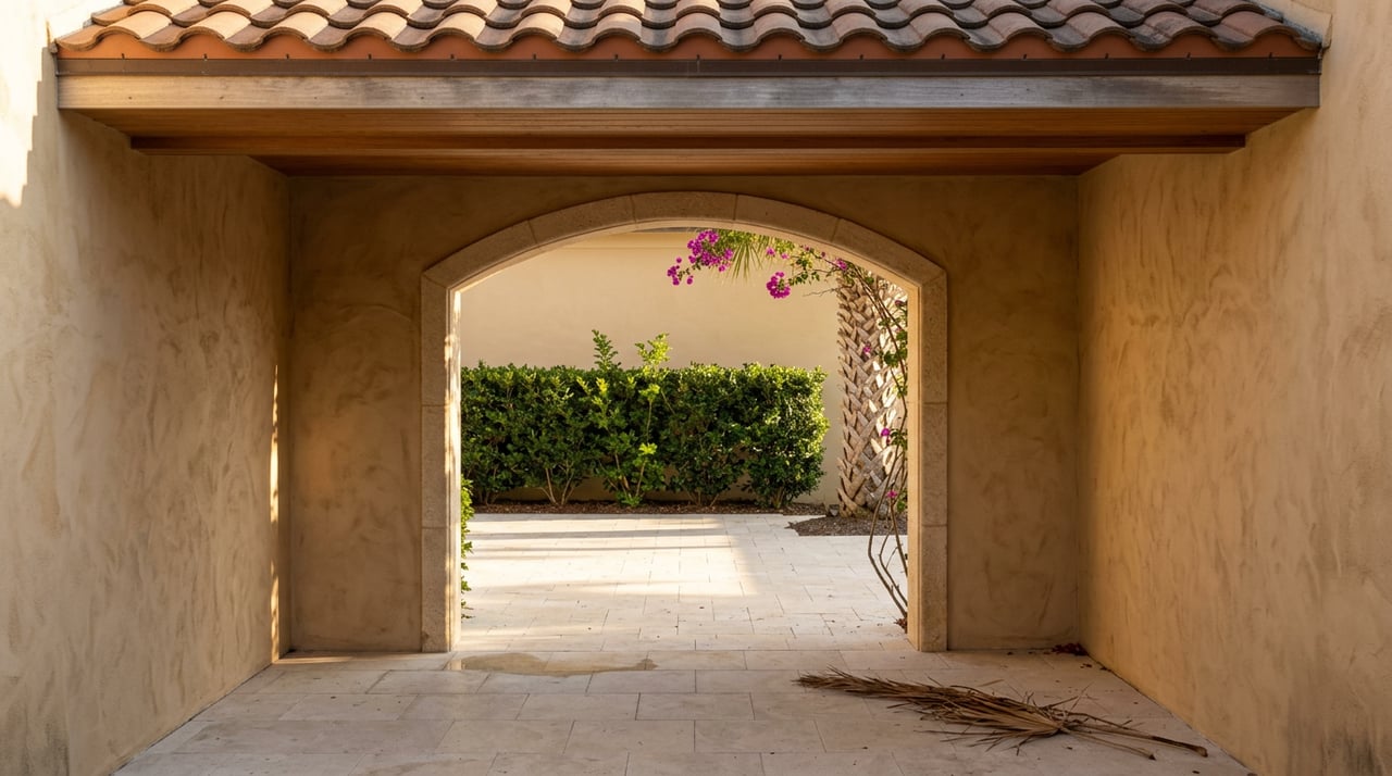 Stucco arch frames a sunlit courtyard with limestone paving, clipped hedge, palm, and magenta bougainvillea.