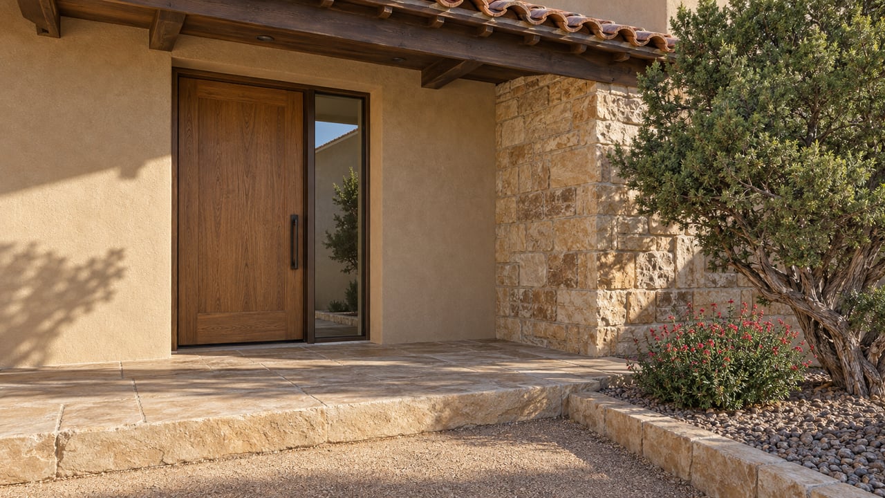 Warm stucco home entry with an oak door, sandstone steps, textured stone return and a sculptural juniper beside a gravel bed.