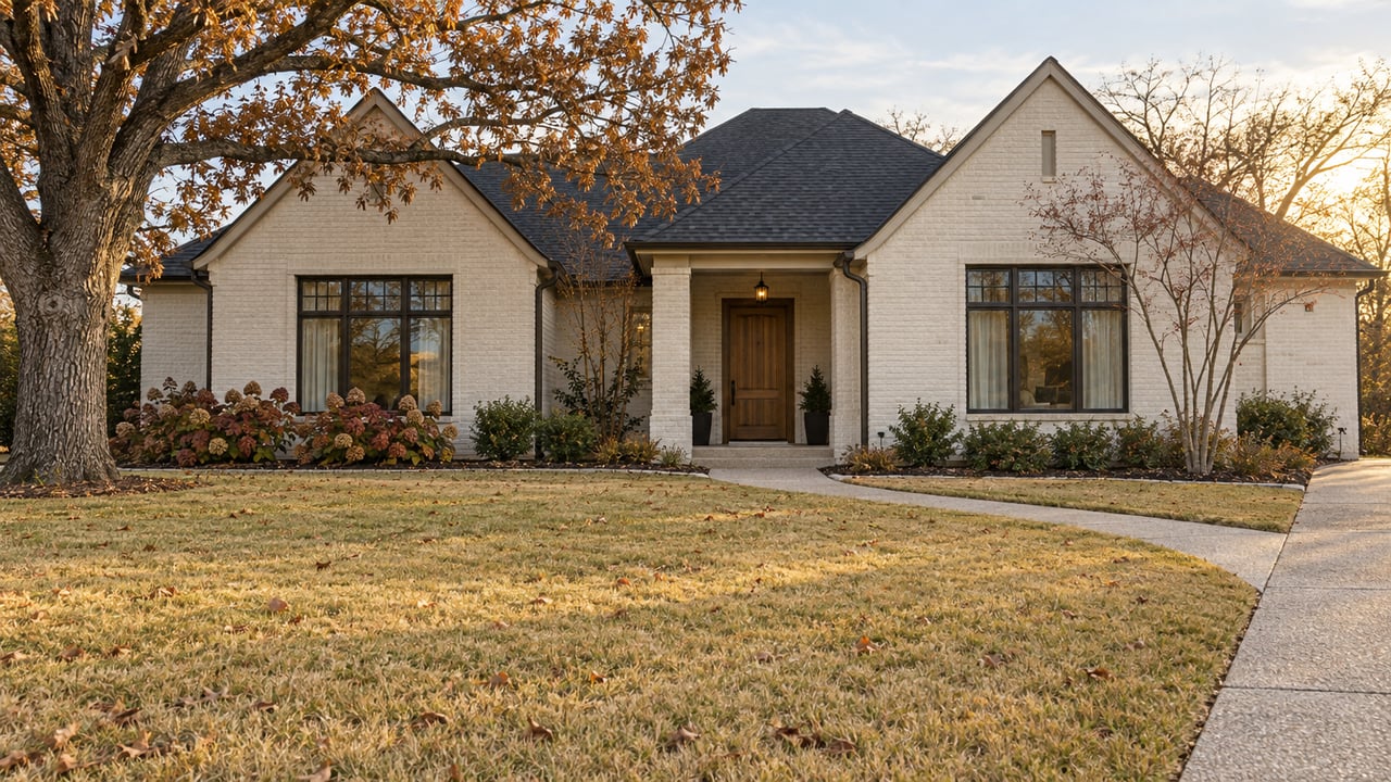 Painted-brick home with steep charcoal gables beyond a golden autumn lawn, framed by a mature oak and a smaller redbud.