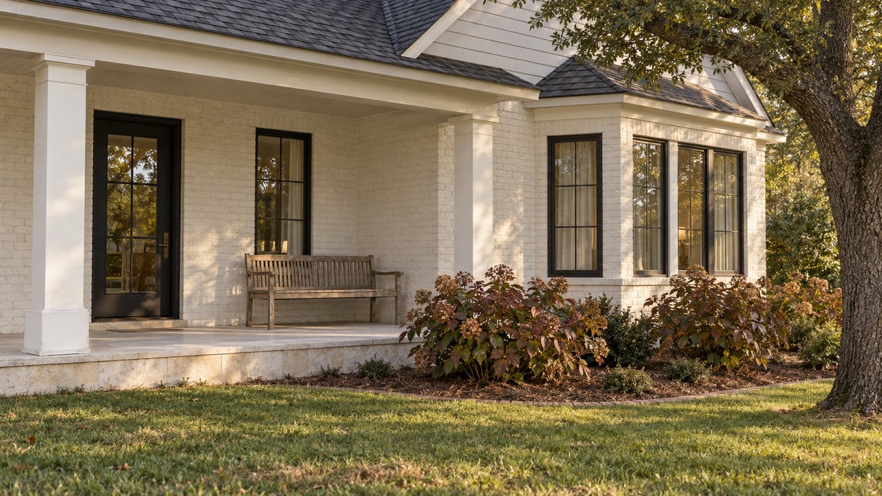 White brick cottage with a deep limestone porch, black-framed windows and oakleaf hydrangeas beneath a spreading live oak.