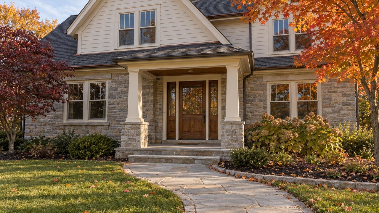 Autumn sunlight falls across a gabled home's limestone porch, oak front door and flagstone garden approach.