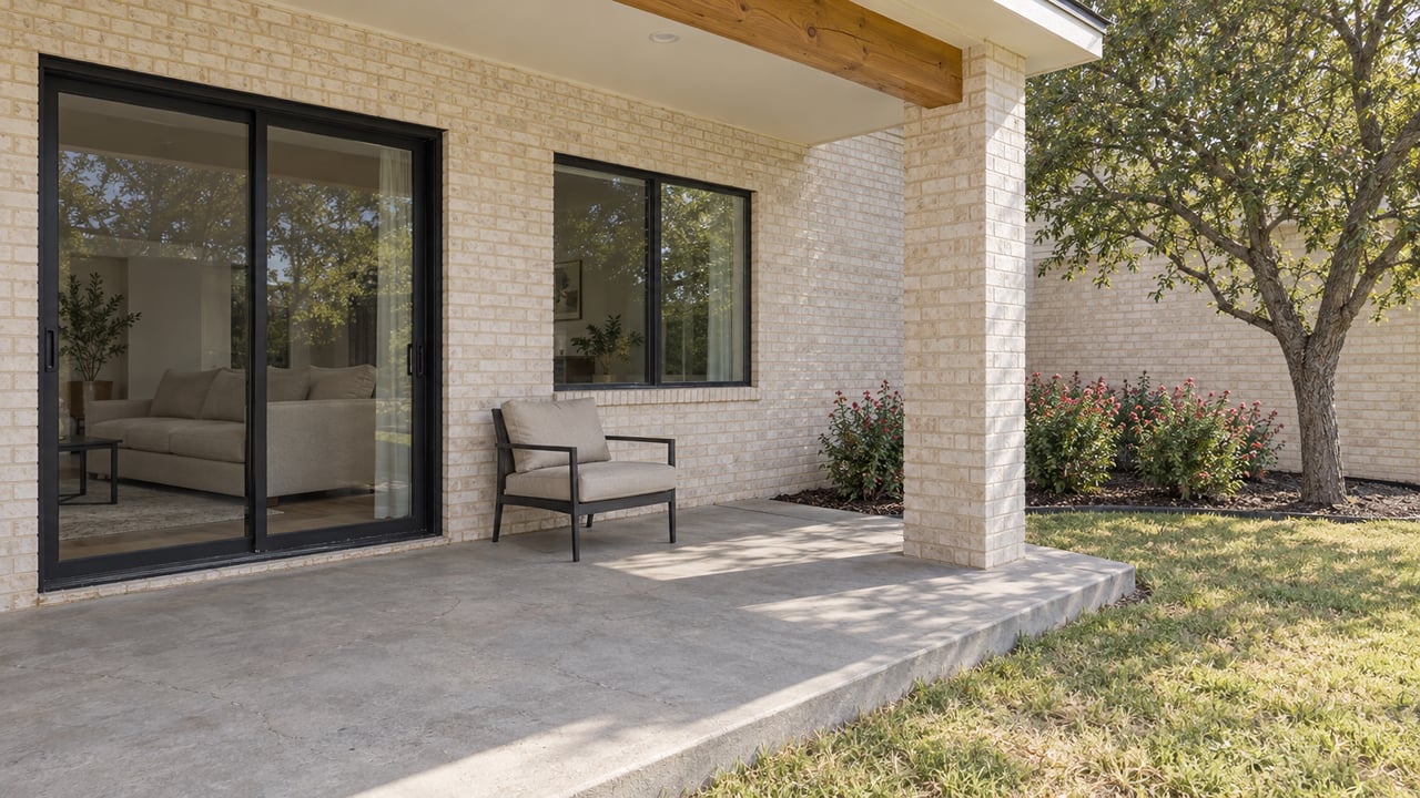 Cream-brick home with a covered concrete patio, closed black-framed glass doors, and a lawn beside a sculptural live oak.