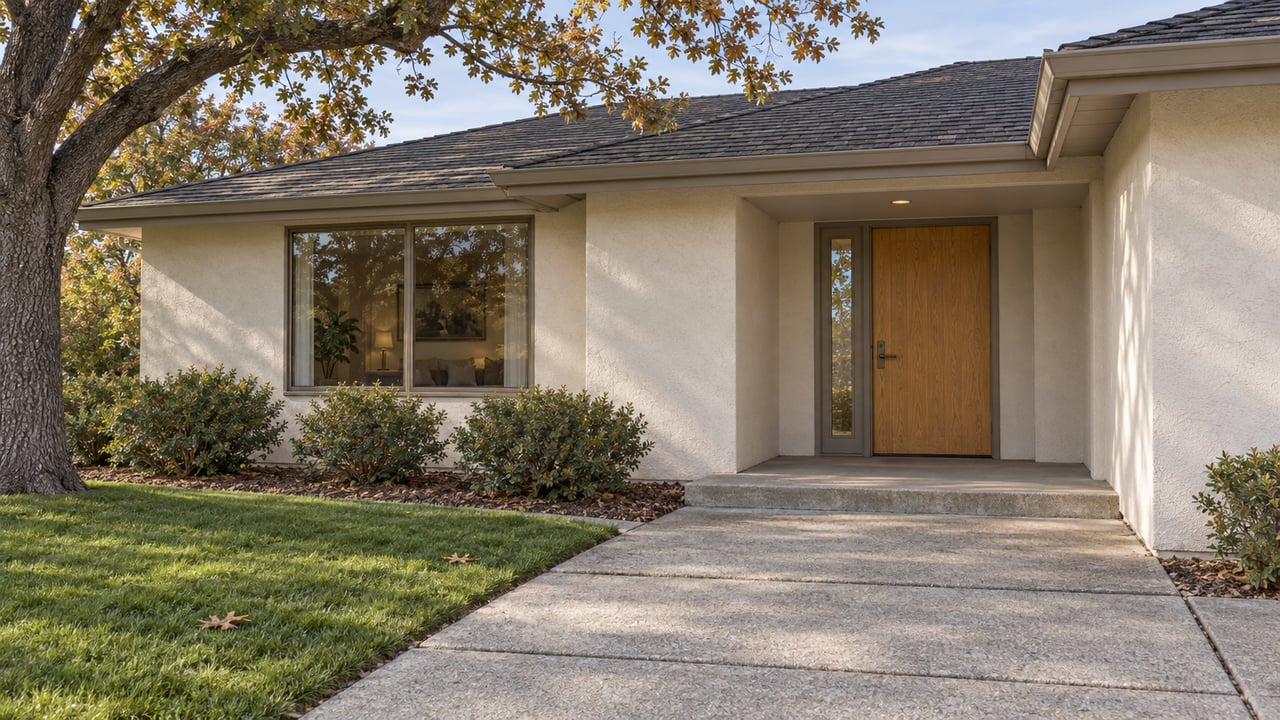 Autumn light on a low stucco home with an oak entry door, broad concrete approach and mature oak tree beside the lawn.