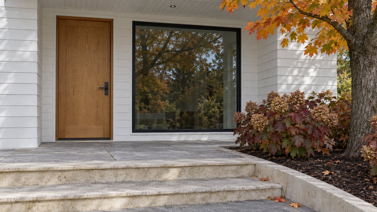Autumn light on a covered home entry with an oak door, black-framed window, limestone steps and burgundy oakleaf hydrangeas.