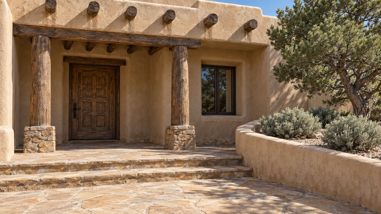 Adobe home entrance with a timber portal, stone steps, and desert landscaping.