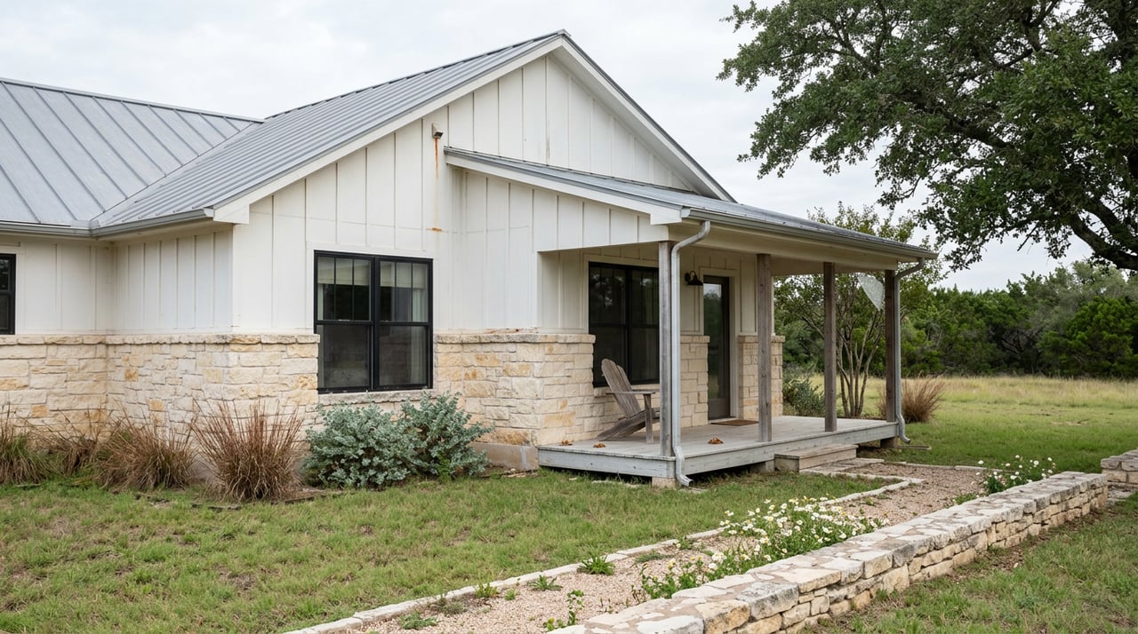 White-gabled farmhouse with limestone base and porch, beyond a grassy yard beneath a broad oak.