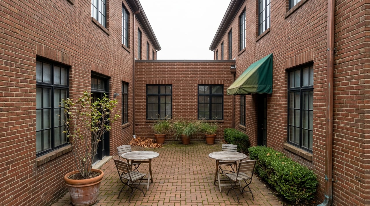 Brick courtyard with two empty café tables, green awning, potted trees, and steel-framed windows.