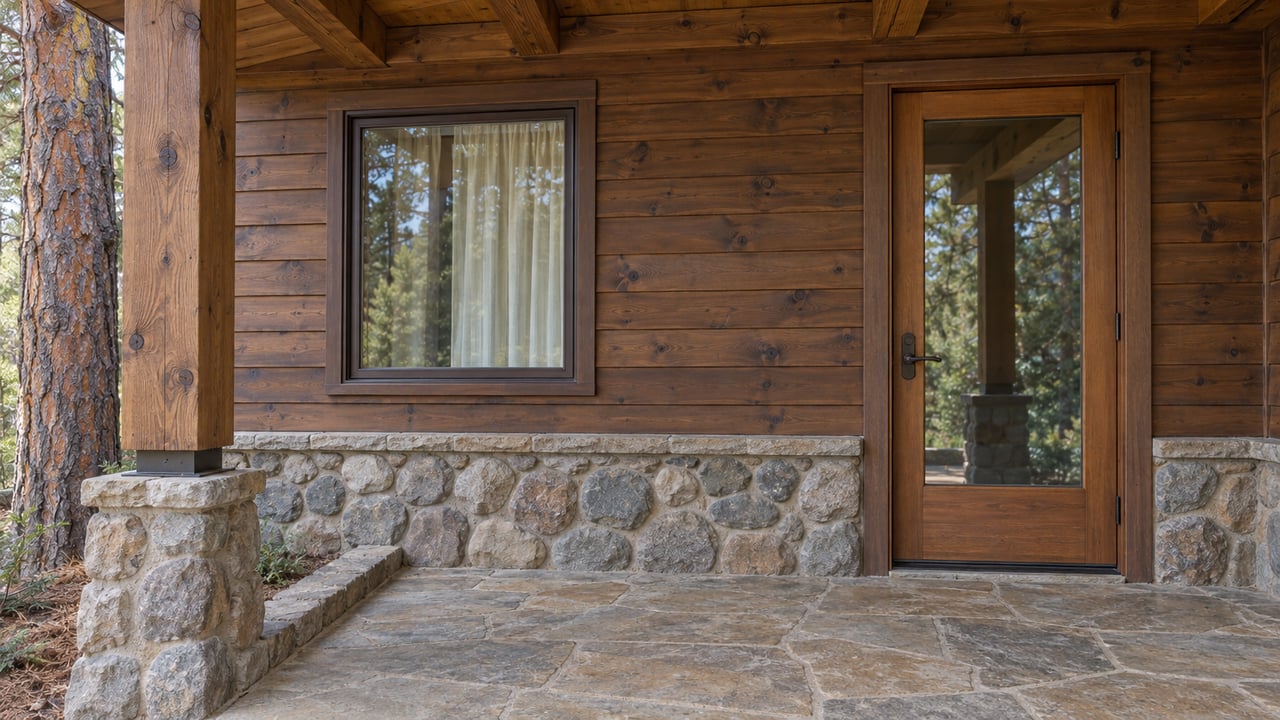 Weathered timber entry with a glazed door, bronze-framed window, fieldstone base and tan flagstone landing beside a ponderosa pine.