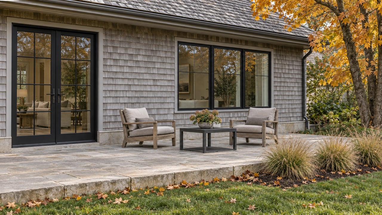Weathered cedar home with black-framed glass doors, a limestone terrace, teak chairs, and an amber-leaved maple.