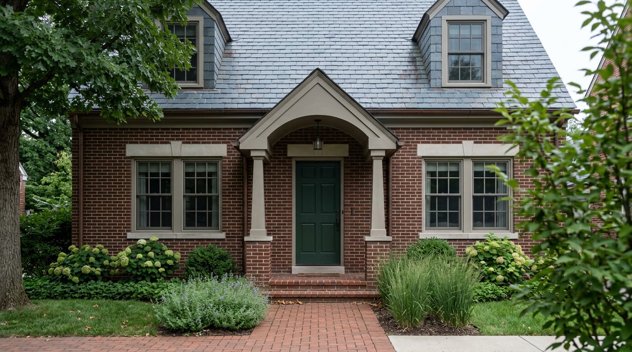 Brick-and-limestone urban home with a green entry door, slate roof, two dormers, and an oak canopy.