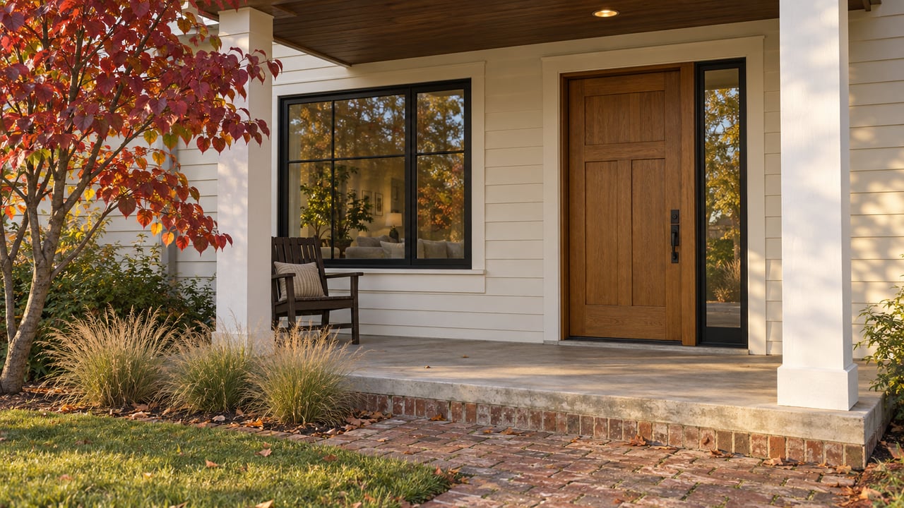 Covered house entry with an oak door, narrow sidelight, white columns, and a redbud tree.