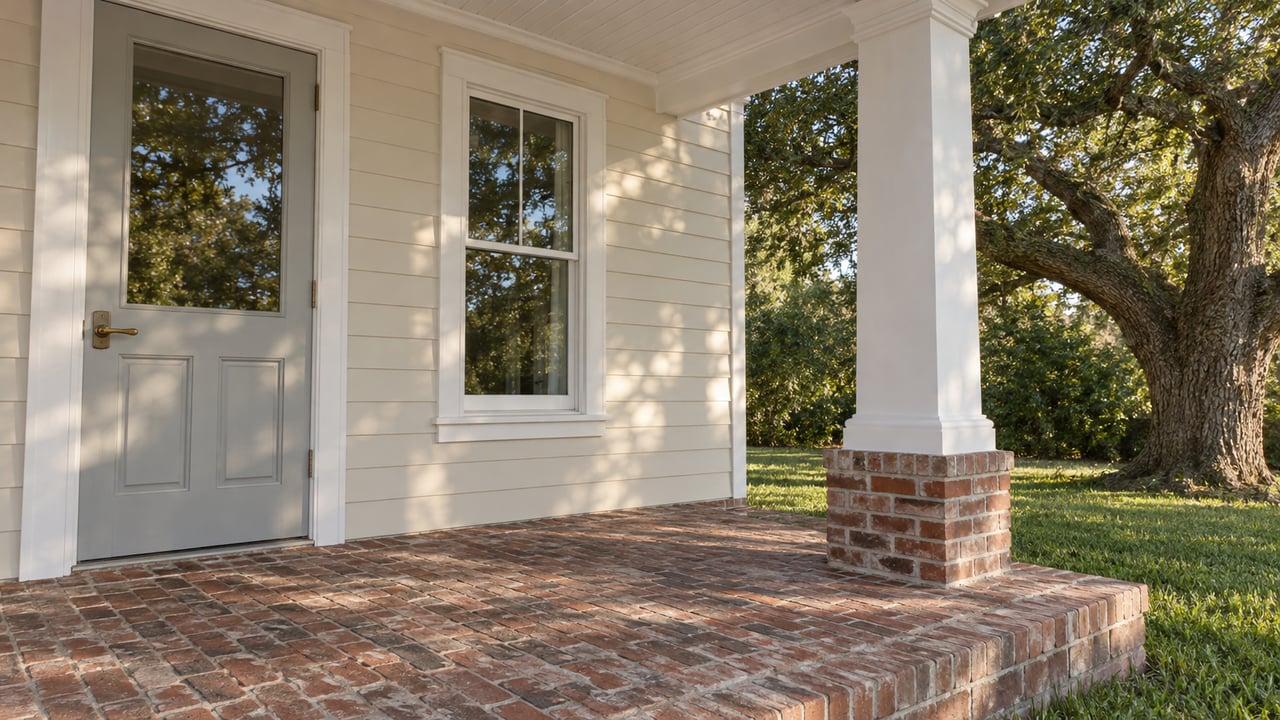 Sunlit white-trimmed porch with a glazed gray entry door, worn red-brown brick paving and a mature live oak beside the lawn.