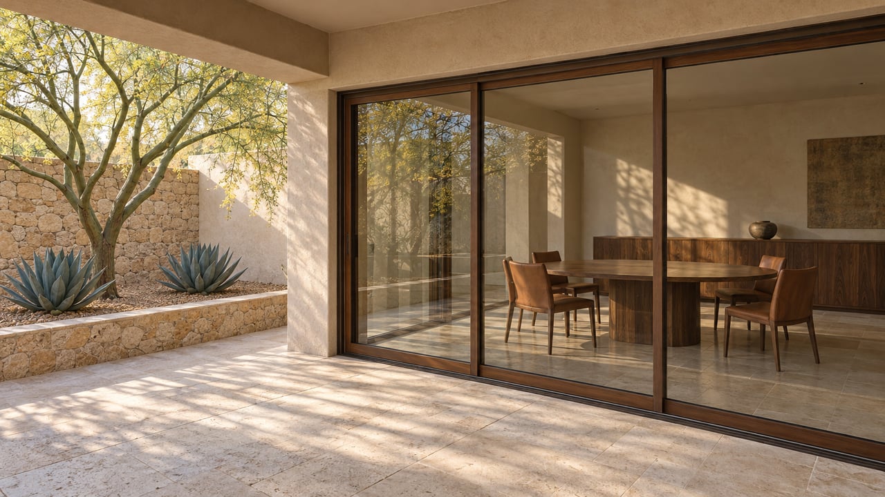 Covered limestone terrace beside a glazed walnut dining room, with a sculptural green-trunk tree and two agaves in a stone-edged courtyard.