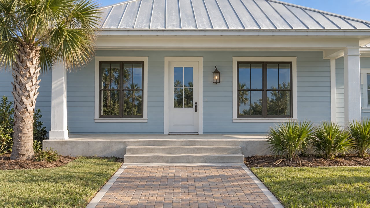 Powder-blue coastal home with a white covered porch, metal roof, brick approach and sculptural palms in bright afternoon light.
