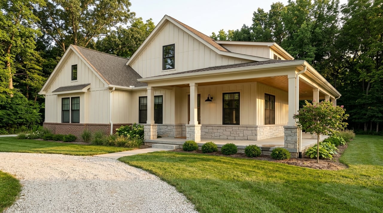 Farmhouse exterior with a porch at evening.