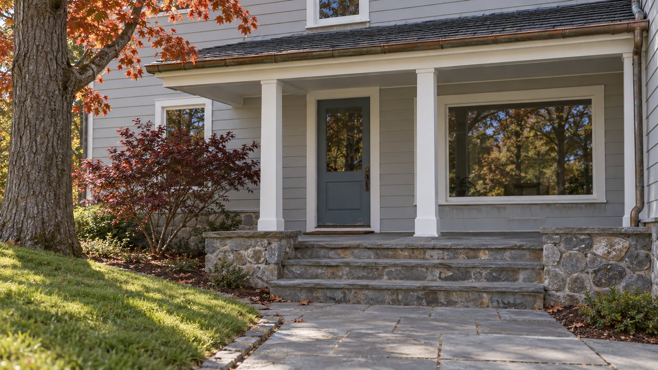 A pale-sided home with a slate-blue door, covered stone porch and bluestone approach beside autumn oak and dogwood foliage.