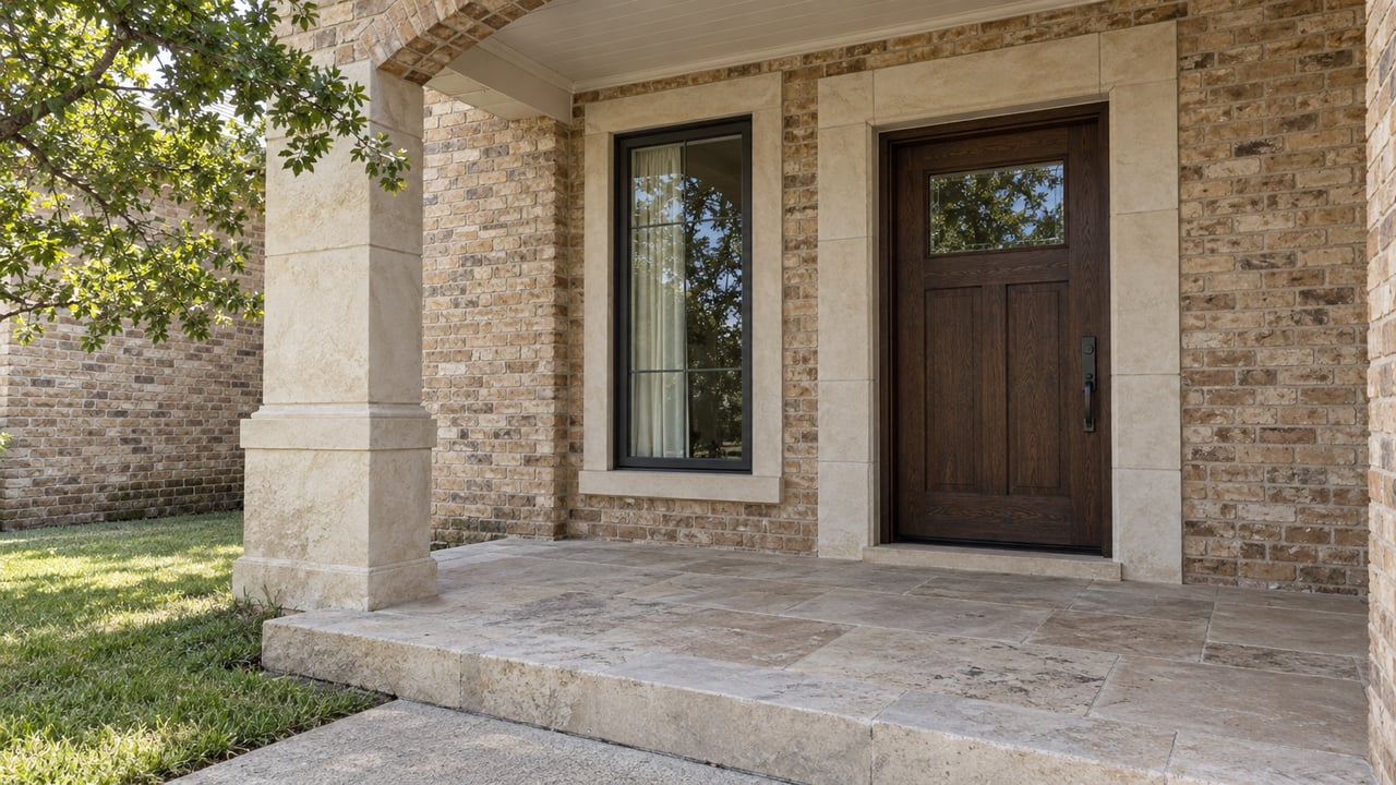 Buff-brick covered entry with a limestone arch, dark oak door, glazed window and stone steps beside a cropped lawn.