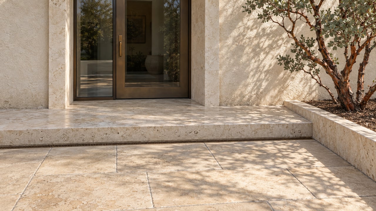 Sunlit limestone entry terrace beside an ivory stucco home, with bronze-framed glass and a sculptural manzanita.