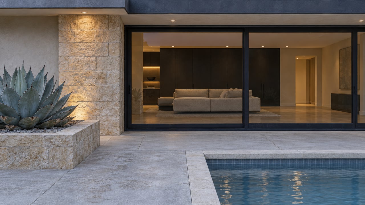 Close view of a low modern home's limestone pier and closed glass sliders beside a concrete pool deck and a blue agave at dawn.