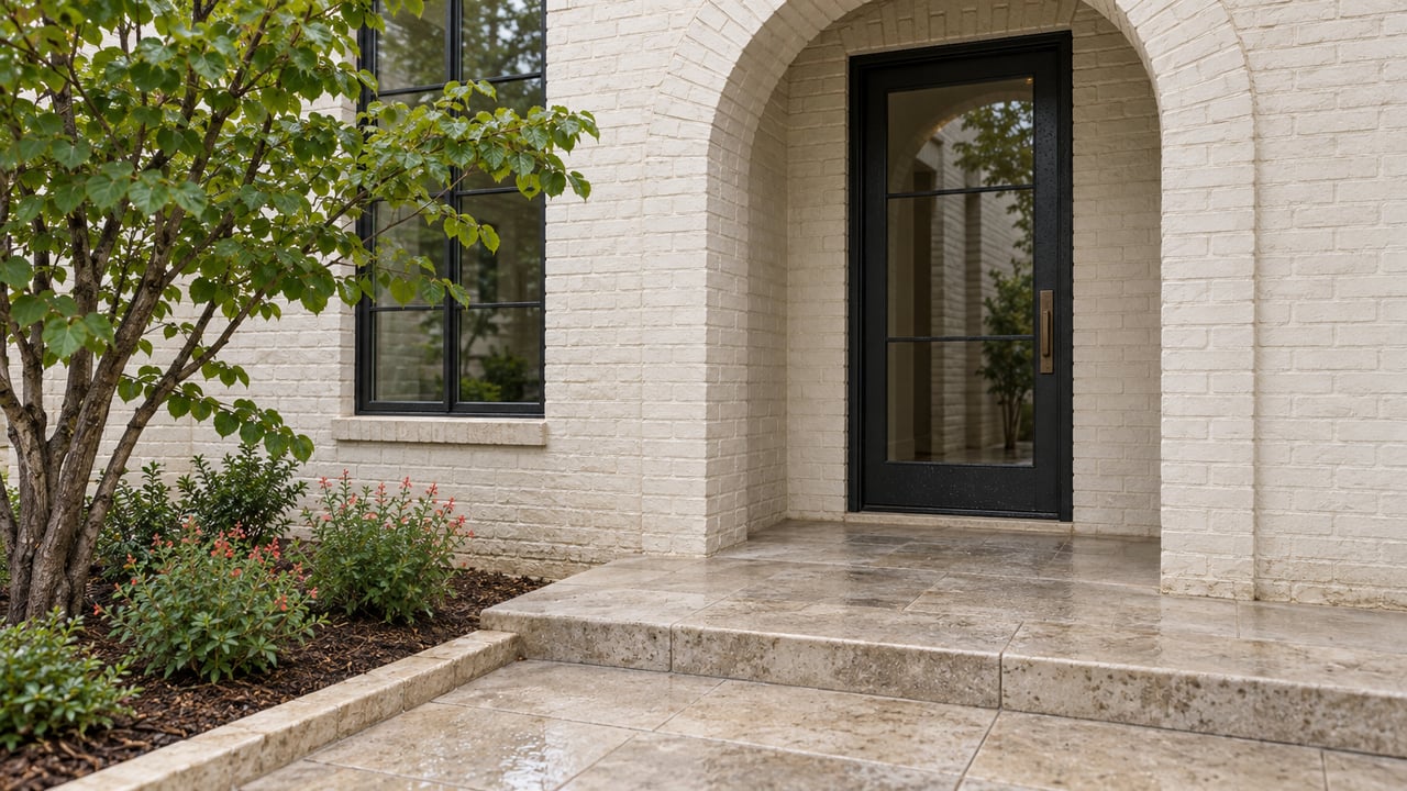 Arched white-brick residential entry with a black glazed door, damp limestone steps, and a small planted court.