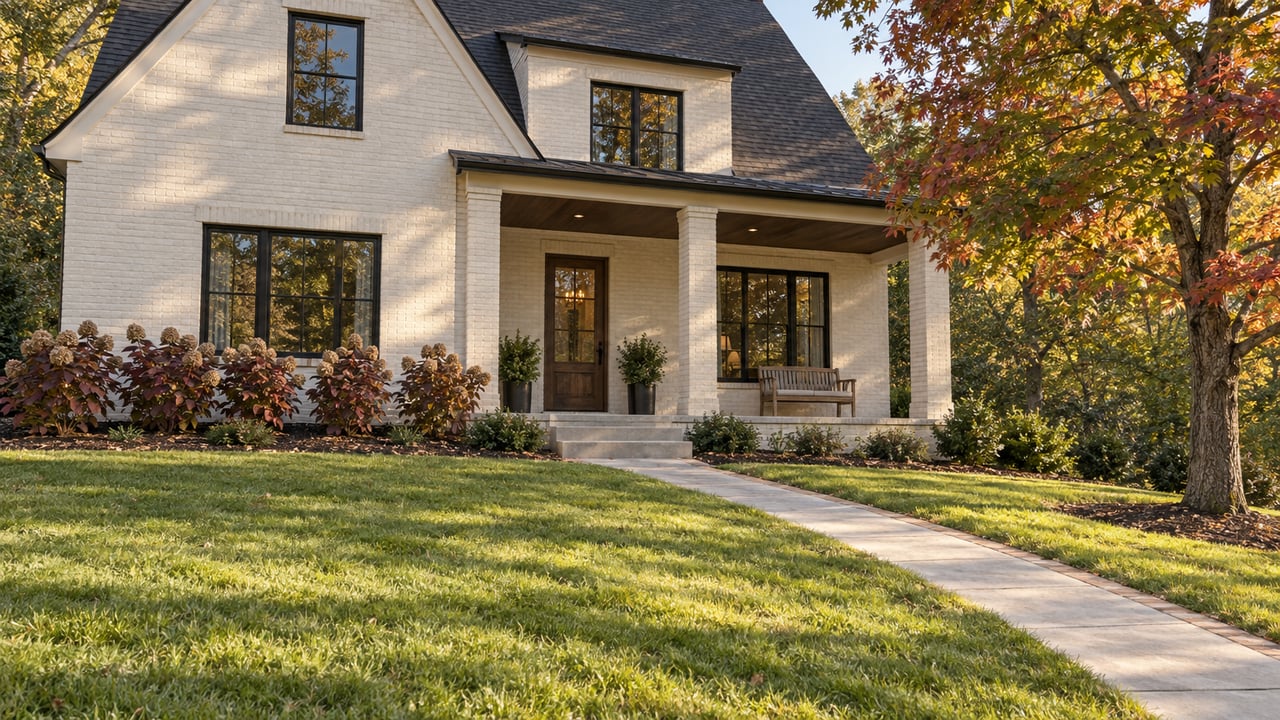 Ivory painted-brick home with black-framed windows and a covered porch beyond a deep lawn, with a red maple and autumn oakleaf hydrangeas.