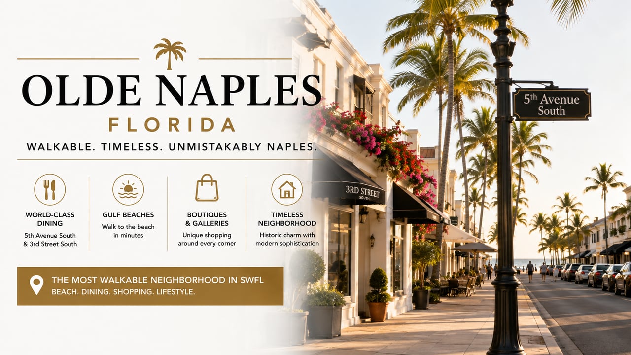 Olde Naples Florida lifestyle featuring palm-lined streets, 5th Avenue South, Gulf beaches, dining, boutiques, galleries, and walkable Naples real estate.