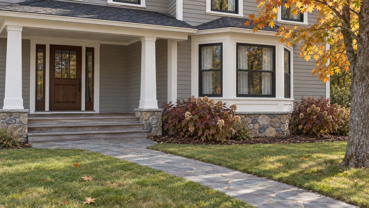 Renovated gray clapboard home with a covered cedar porch, black-framed bay windows, a stone walk and autumn planting.