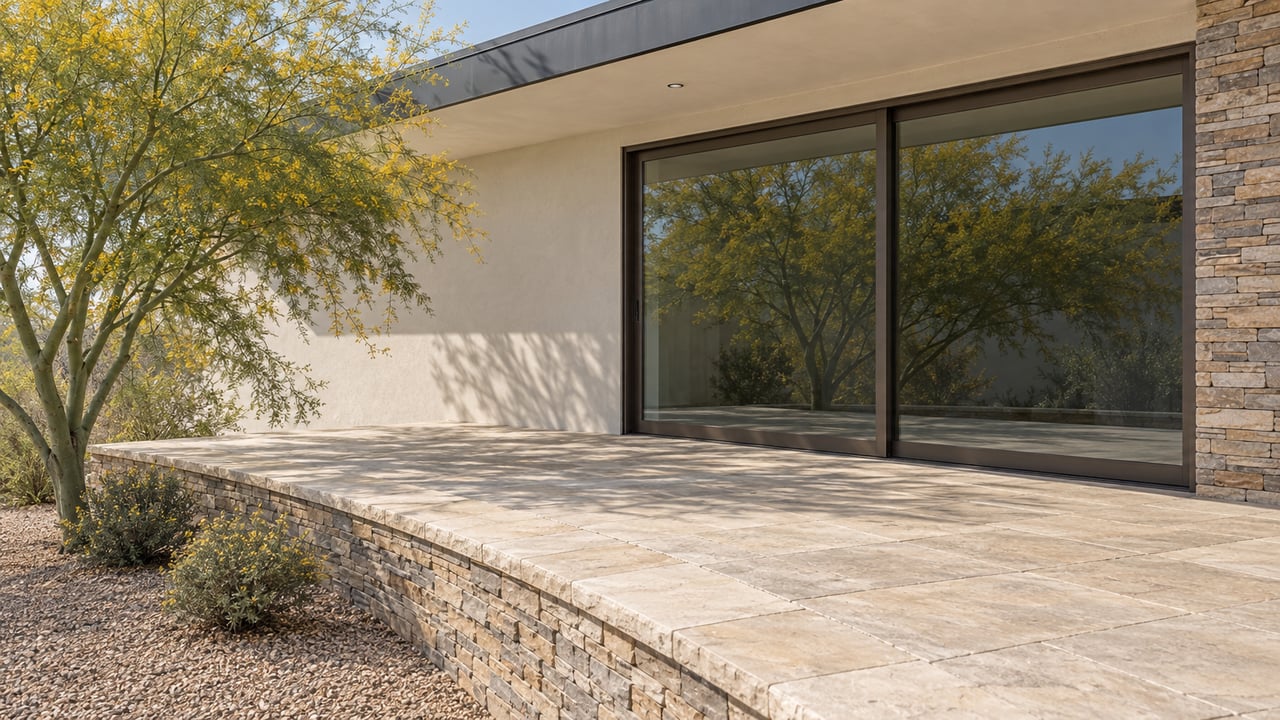 Limestone terrace beside a modern home, with dark-framed glass doors, a stone retaining wall, and desert trees below.