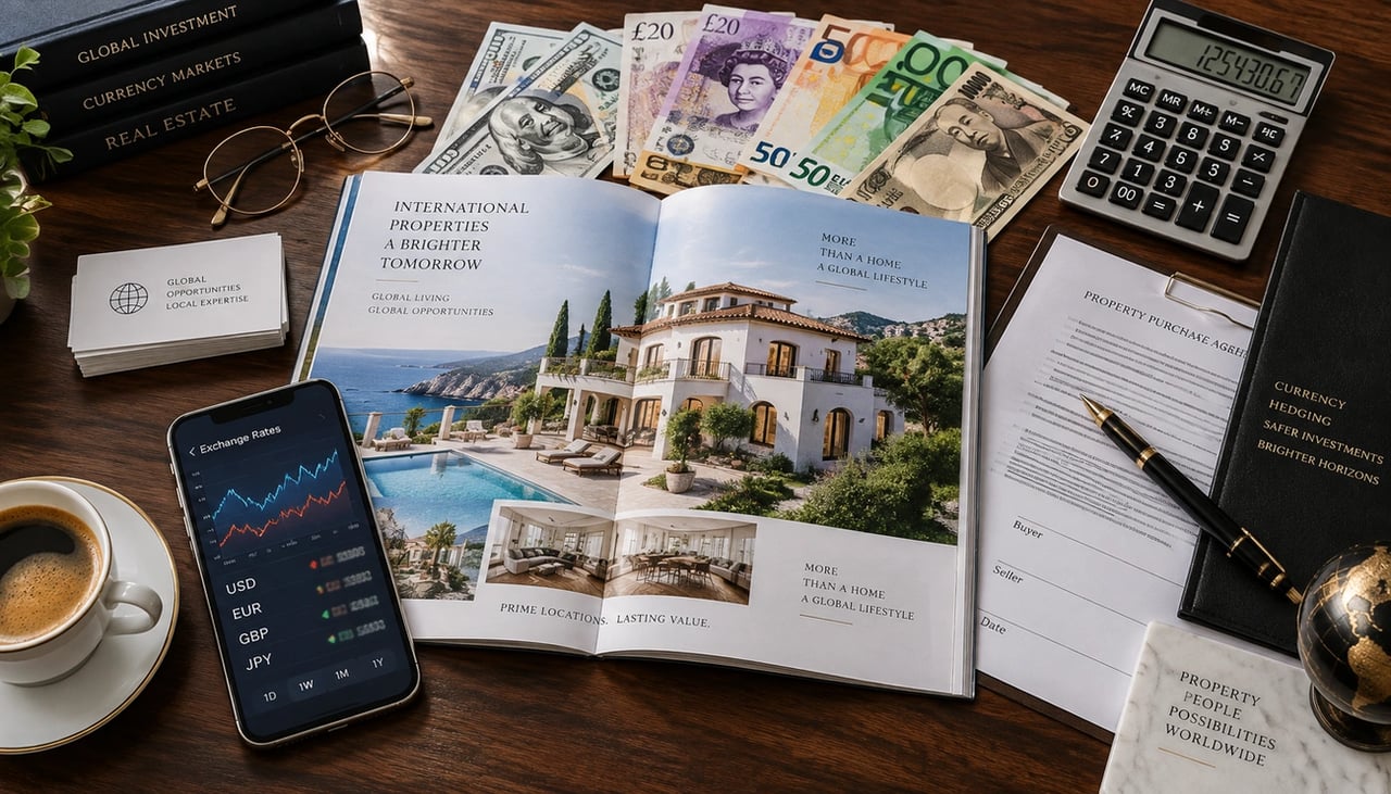 Luxury villa brochure surrounded by international banknotes, a currency calculator, exchange-rate phone screen, and purchase agreement.