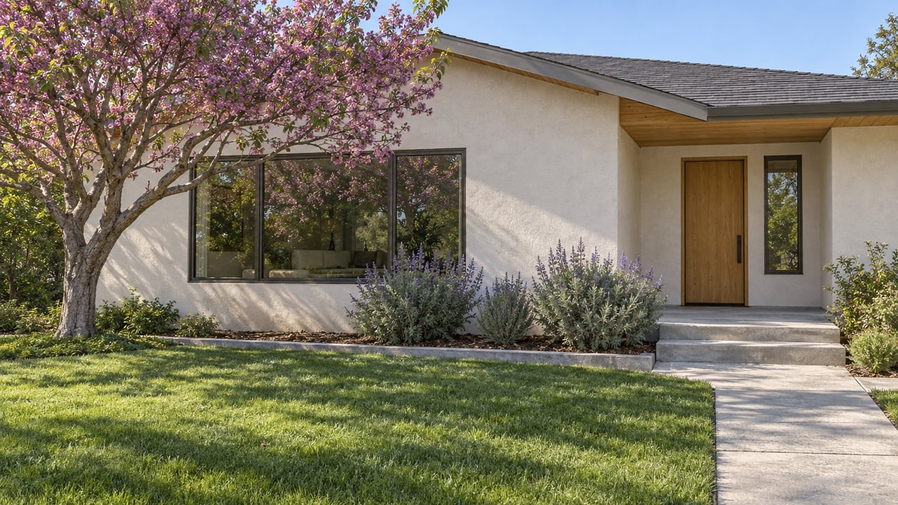 A renovated single-story stucco home behind a deep green front lawn, with a branching redbud tree, cedar eaves and a sheltered oak entry.