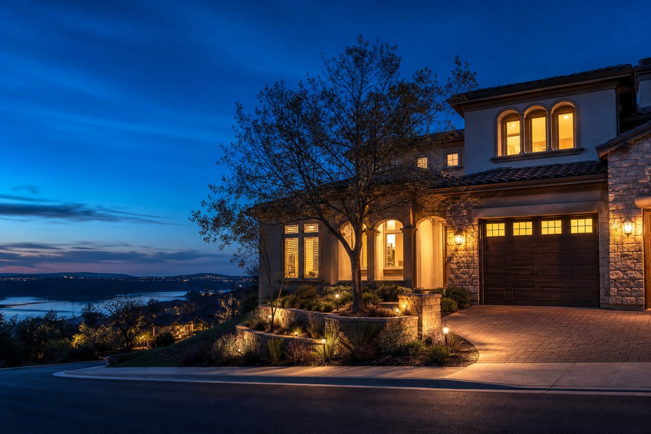 Two-story stone-and-stucco home glowing at dusk, with a landscaped entry and lake view.